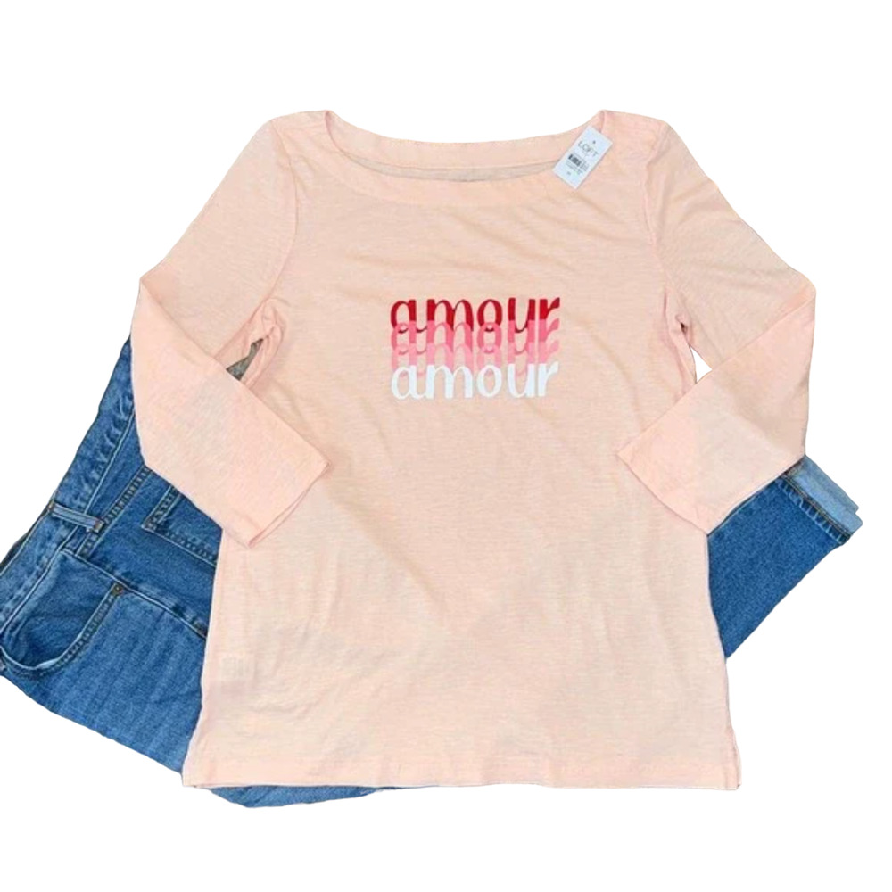 **NWT LOFT Pink W/Amour LOVE Graphic Boatneck Long Sleeved Top